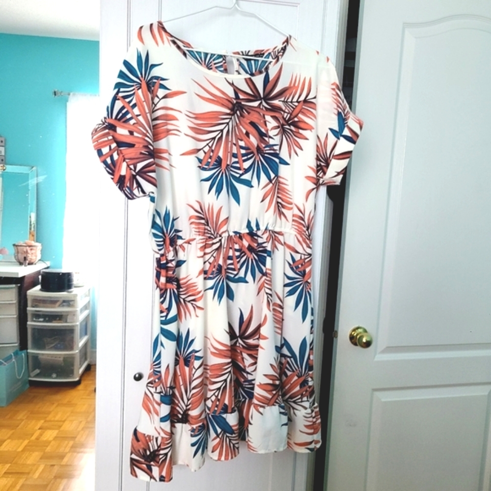 Shein Tropical Print Beachy Short Sleeve Flowy Pleated Mini Swing Dress XL